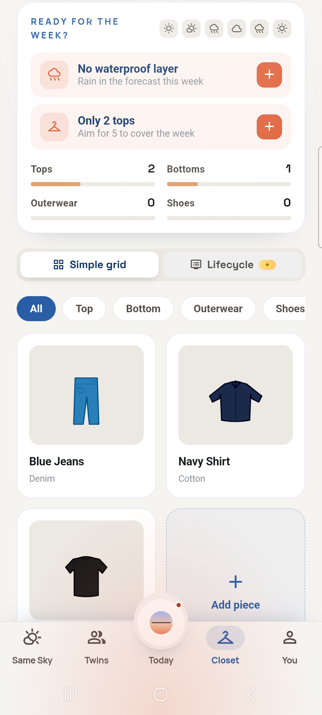 SEELVIE Closet screen listing garments
